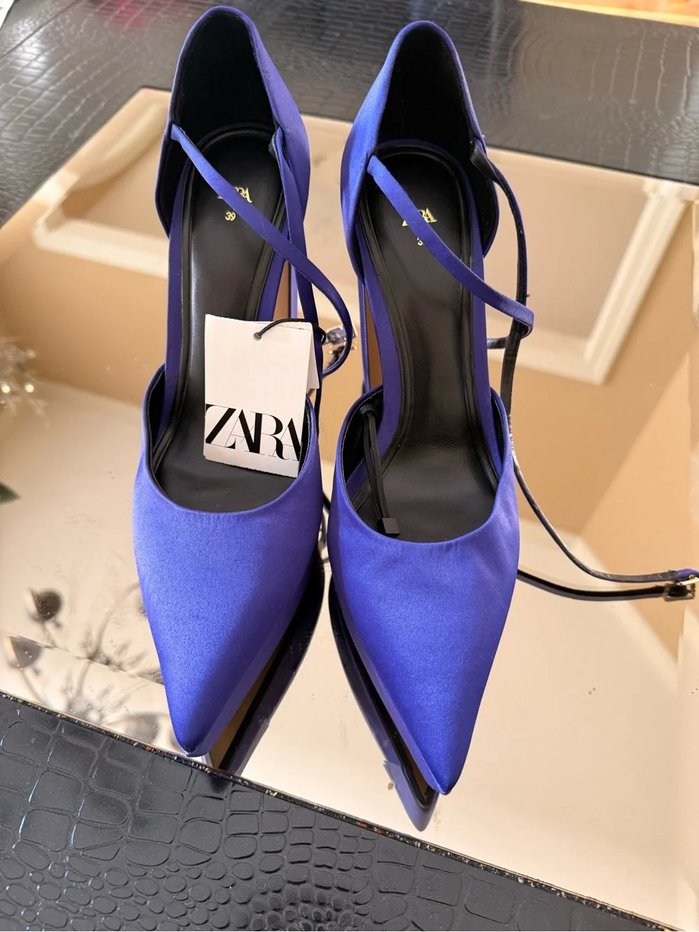 ZARA Women's Purple Satin Platform Ankle-Strap Pumps